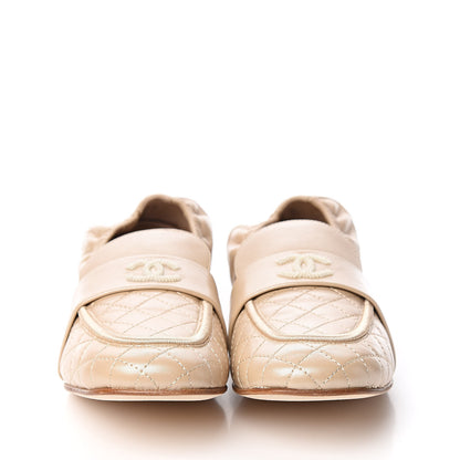 Chanel Laminated Lambskin Womens Quilted Elastic CC Moccasin Loafers 38.5 Beige 2 of 10