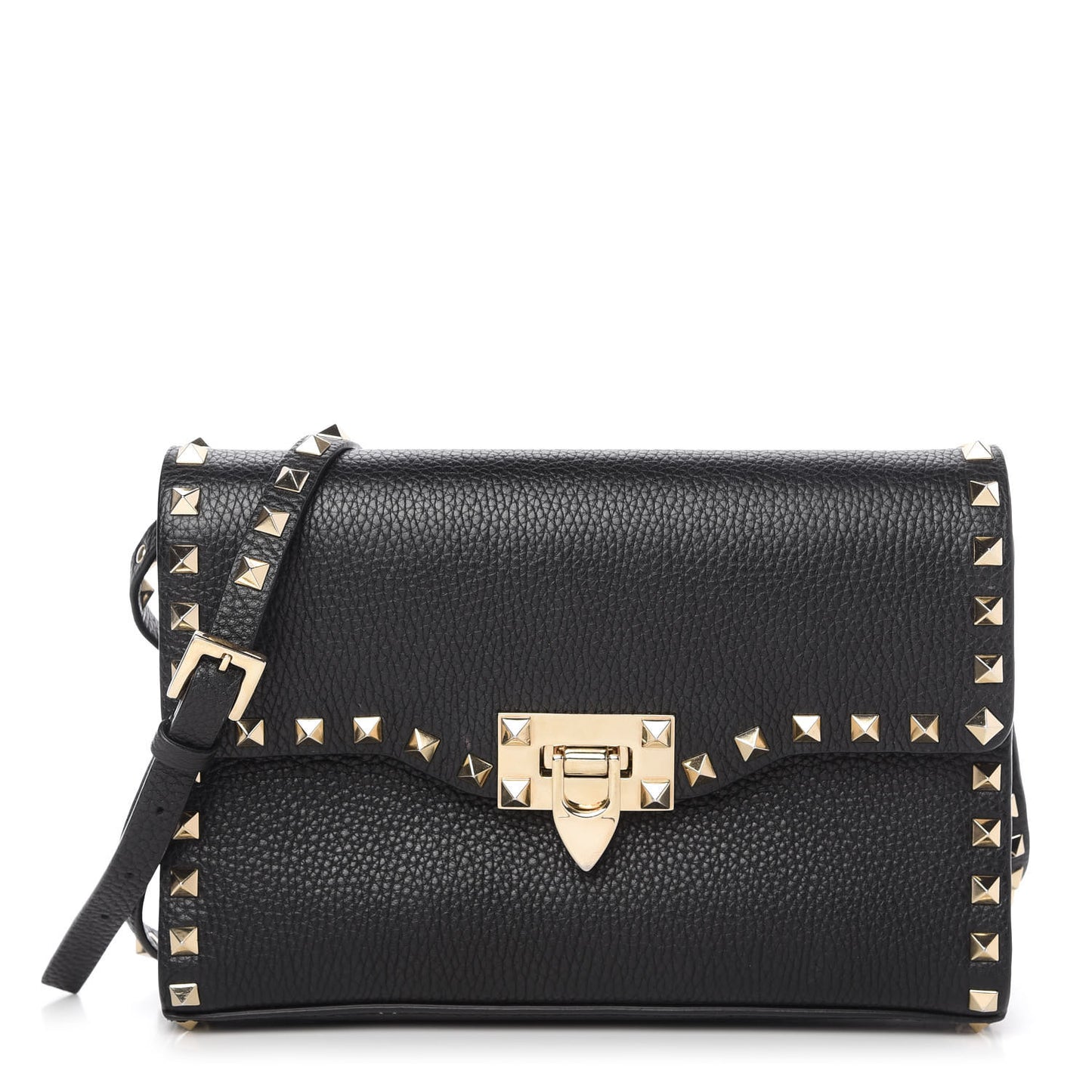 Pebbled Calfskin Medium Rockstud Flip Lock Crossbody Bag Black