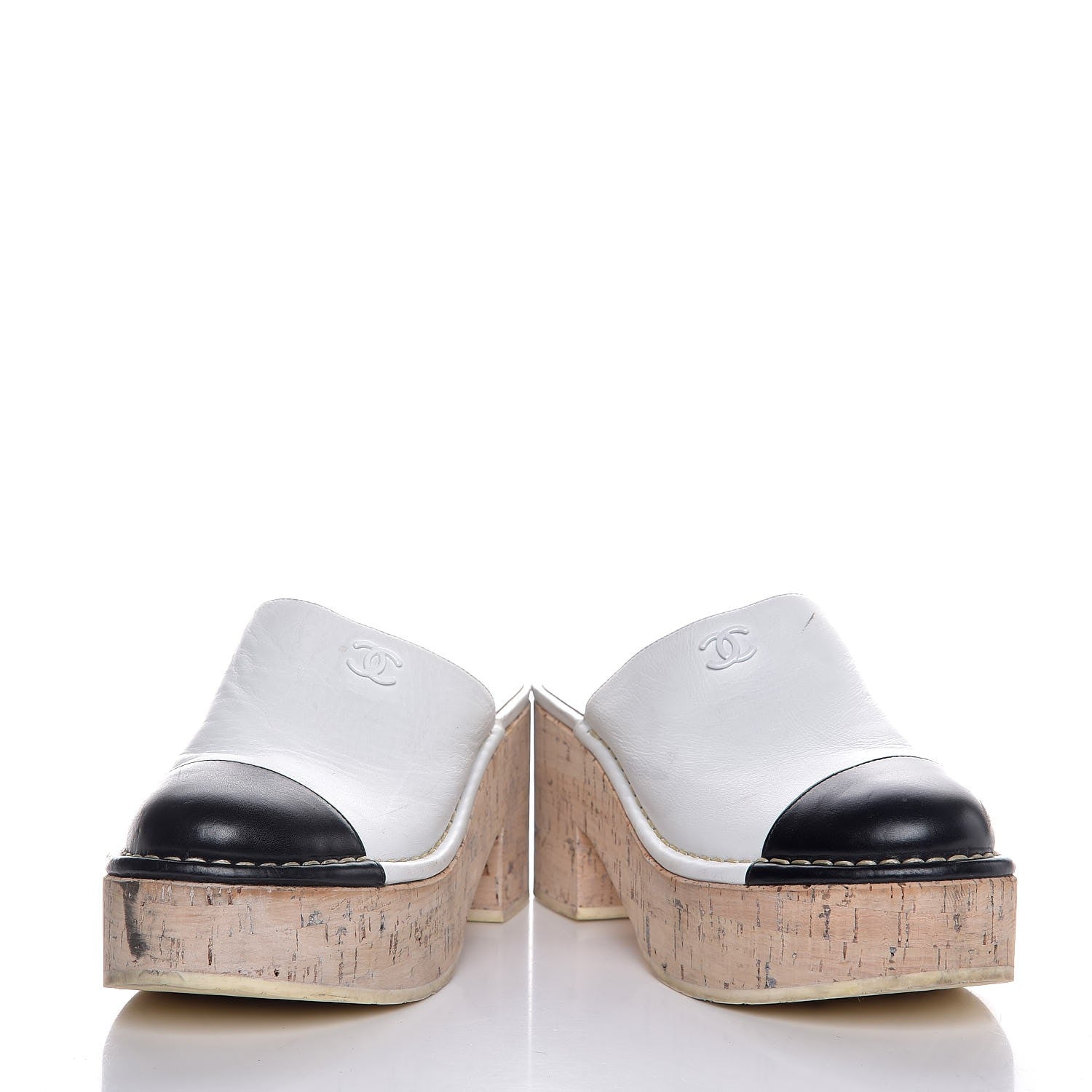 Chanel Calfskin Cork Cap Toe CC Clogs 36 Beige Black 6 of 15