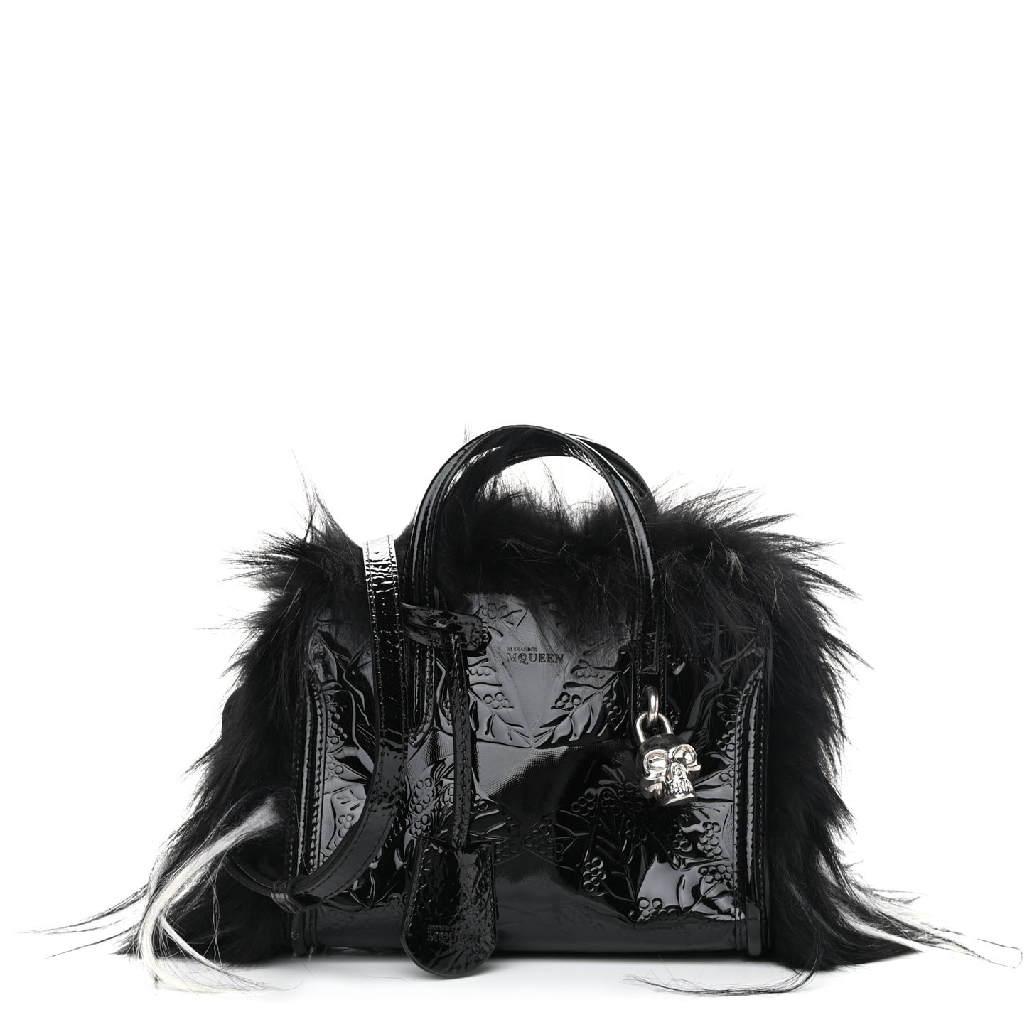 Patent Faux Fur Mini Skull Padlock Zip Around Tote Black