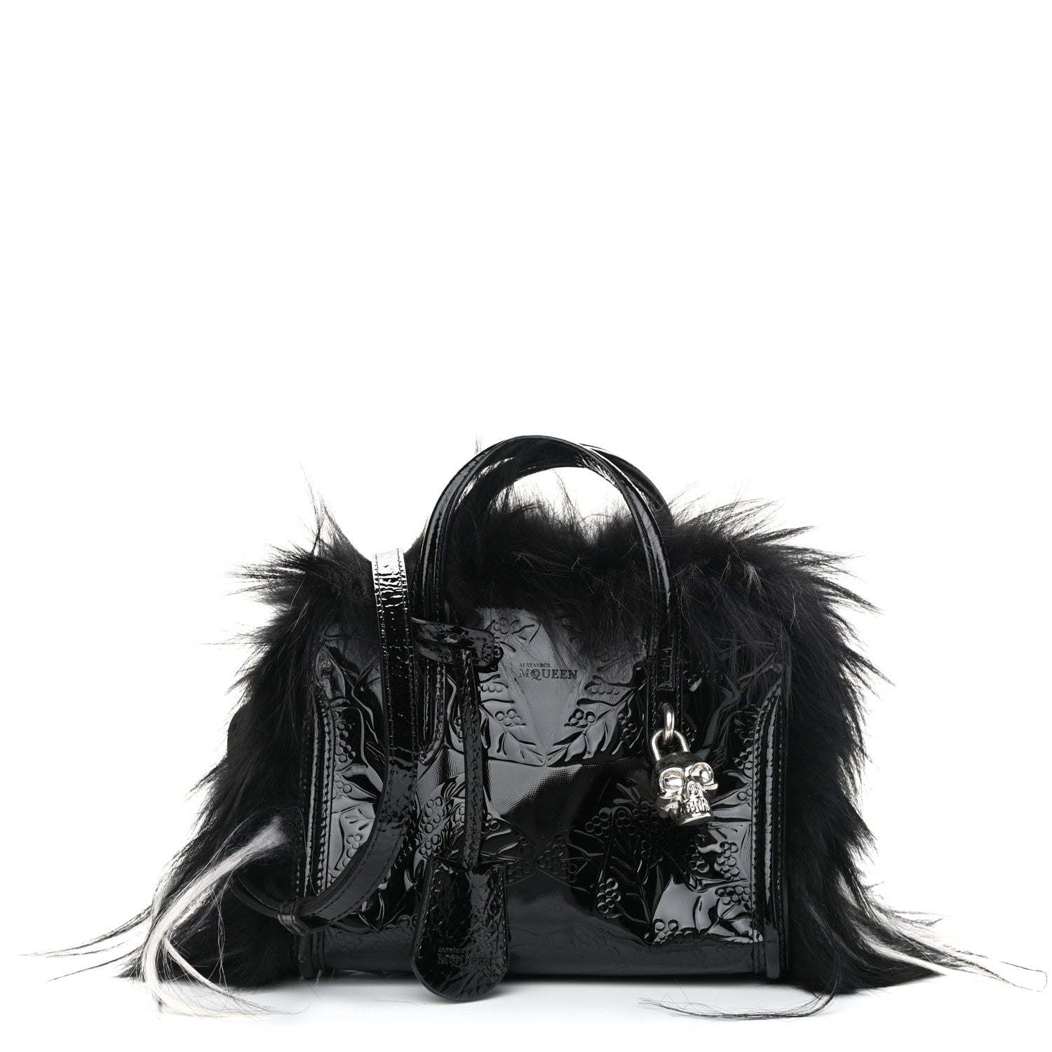 Alexander McQueen Patent Faux Fur Mini Skull Padlock Zip Around Tote Black 1 of 10