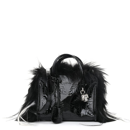 Alexander McQueen Patent Faux Fur Mini Skull Padlock Zip Around Tote Black 1 of 10