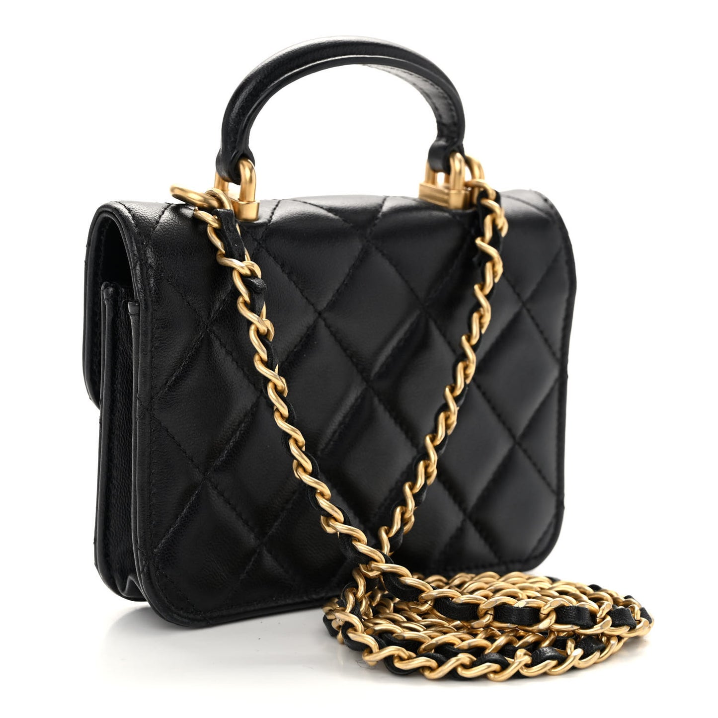 Lambskin Quilted Top Handle Flap Coin Purse With Chain Black