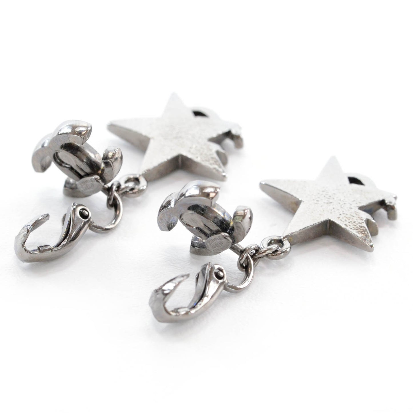 Glitter CC Star Drop Clip On Earrings Silver