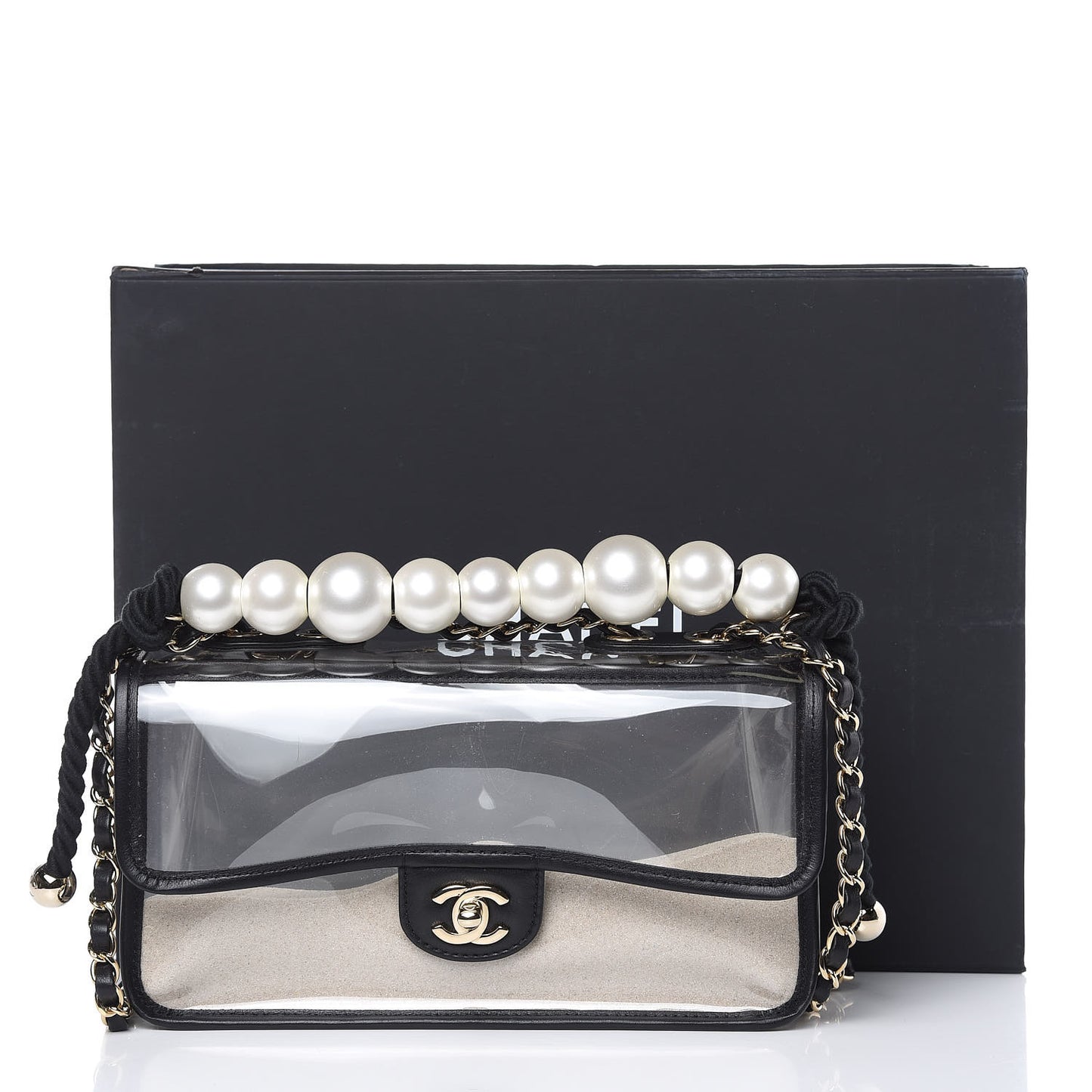 Lambskin PVC Sand By The Sea Flap With Pearl Strap Black