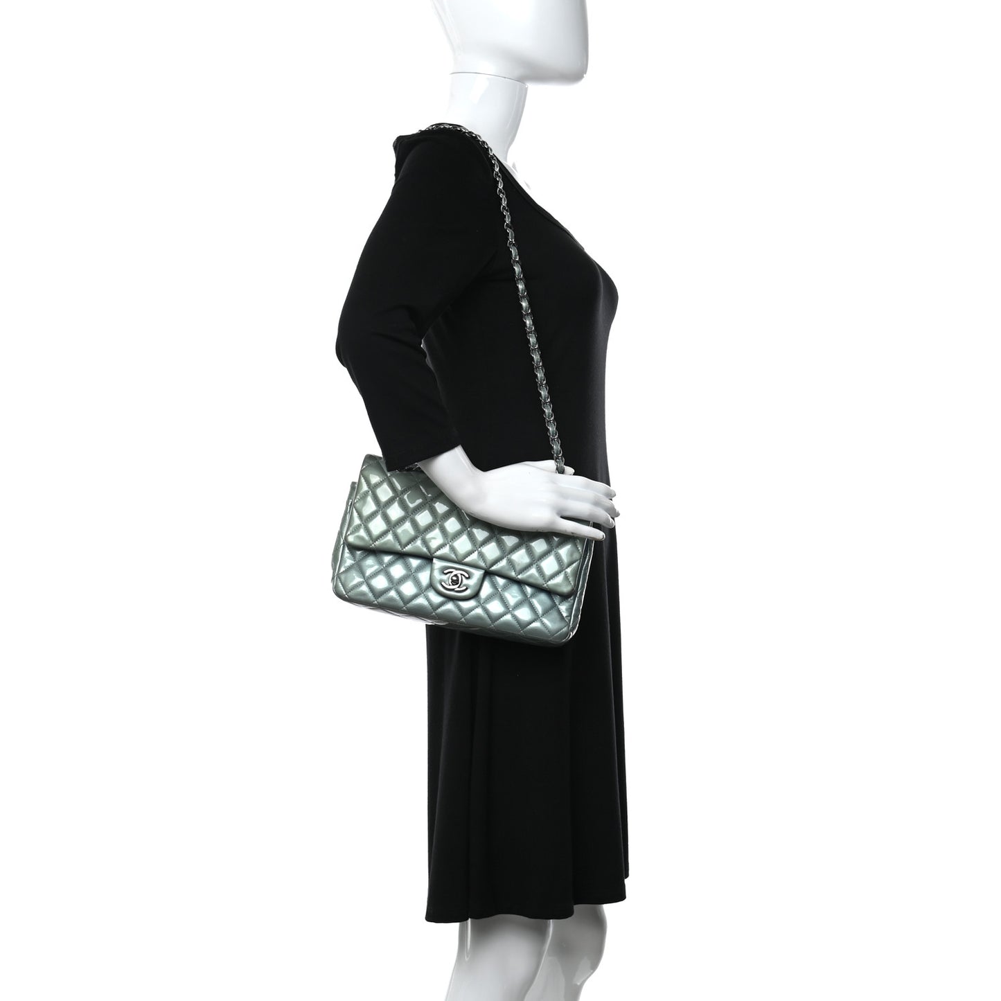 Patent Calfskin Quilted Medium Double Flap Turquoise