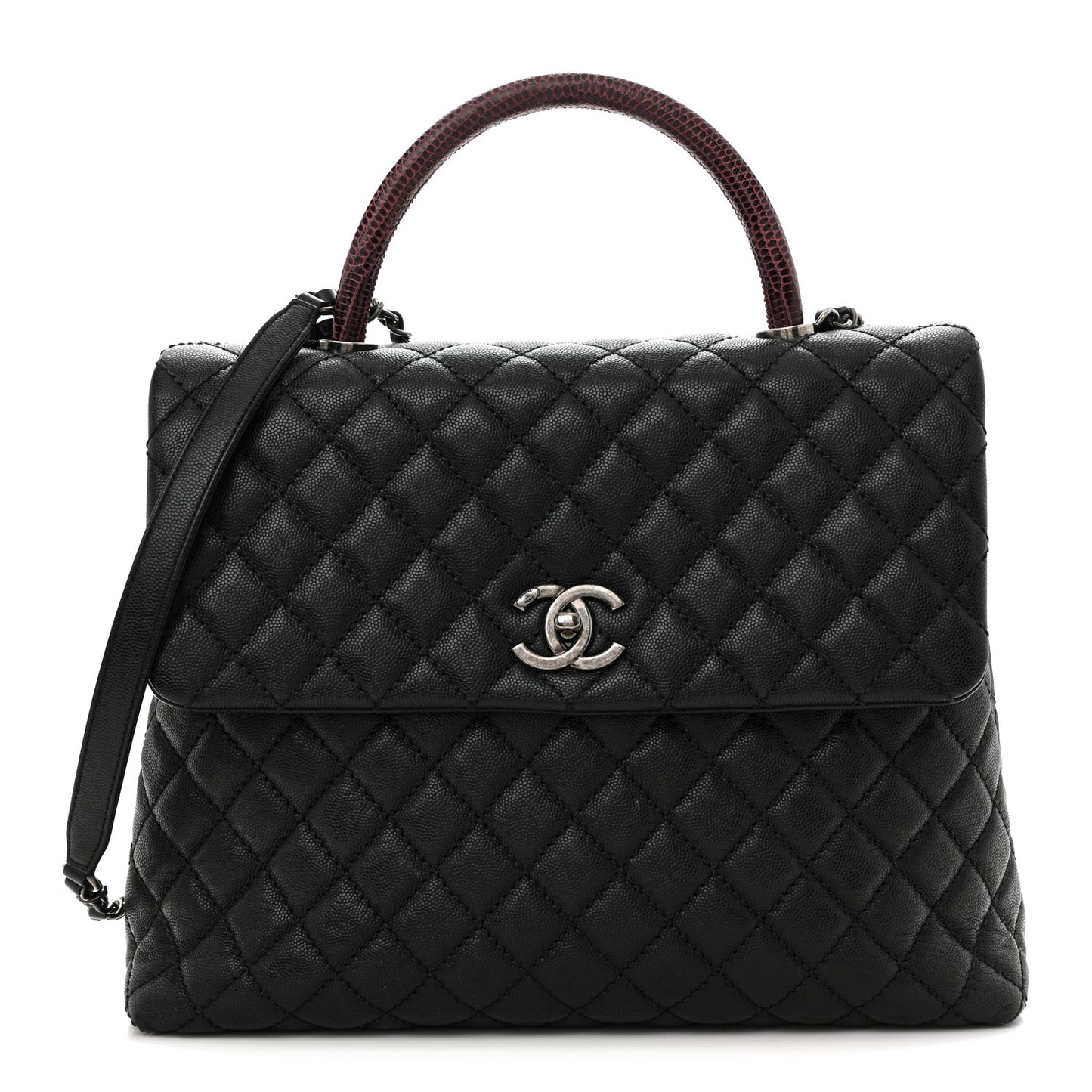 Caviar Lizard Quilted Large Coco Handle Flap Black