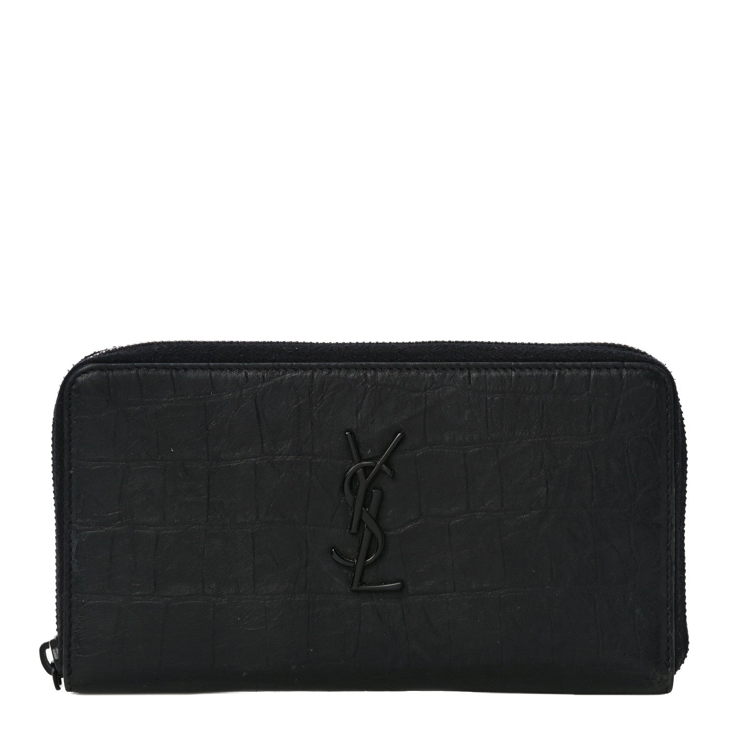Saint Laurent Crocodile Embossed Sheepskin Mens Zip Around Continental Wallet Black 1 of 14