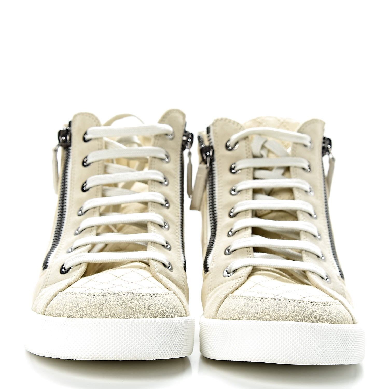 Chanel Toile Suede Calfskin CC High Top Sneakers 37 Beige White 2 of 11