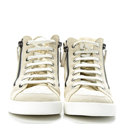 Chanel Toile Suede Calfskin CC High Top Sneakers 37 Beige White 2 of 11