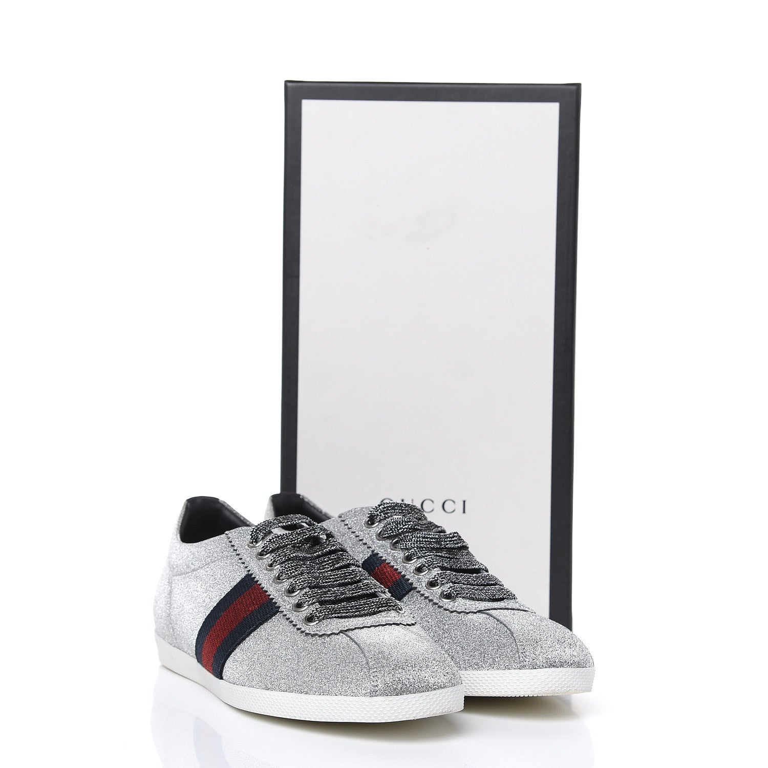 Gucci Glitter Fabric Studded Web Sneakers 38 Silver 9 of 9