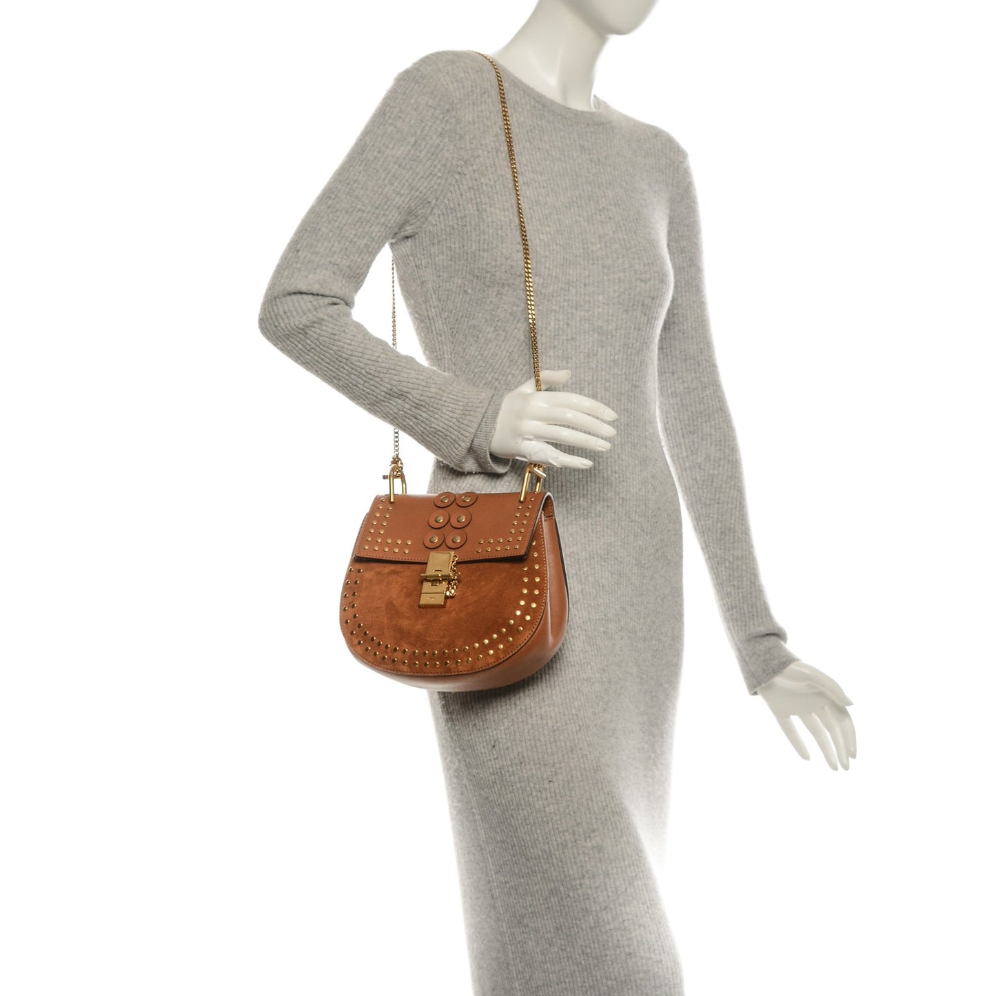 Suede Smooth Calfskin Studded Drew Shoulder Bag Caramel