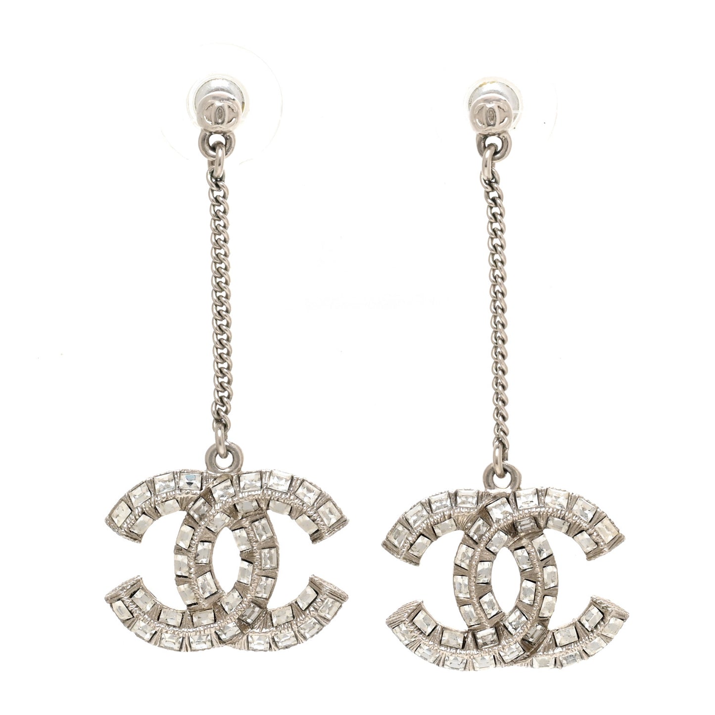 Baguette Crystal CC Drop Earrings Silver