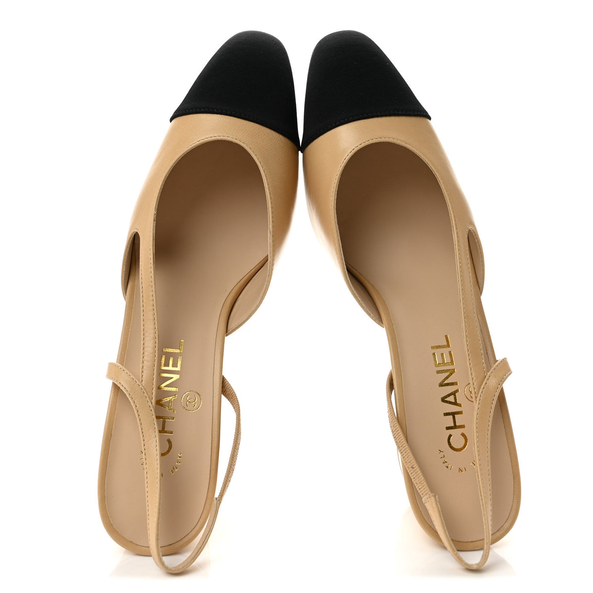 Goatskin Grosgrain Cap Toe CC Slingback Pumps 39 Beige Black