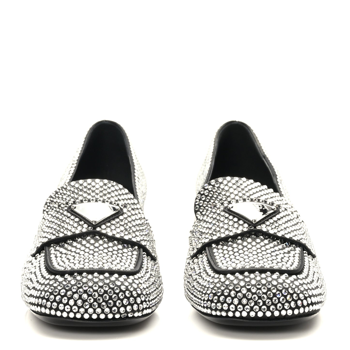 Satin Crystal Embellished Womens Metal Triangle Logo 50mm Loafers 37.5 Crystal