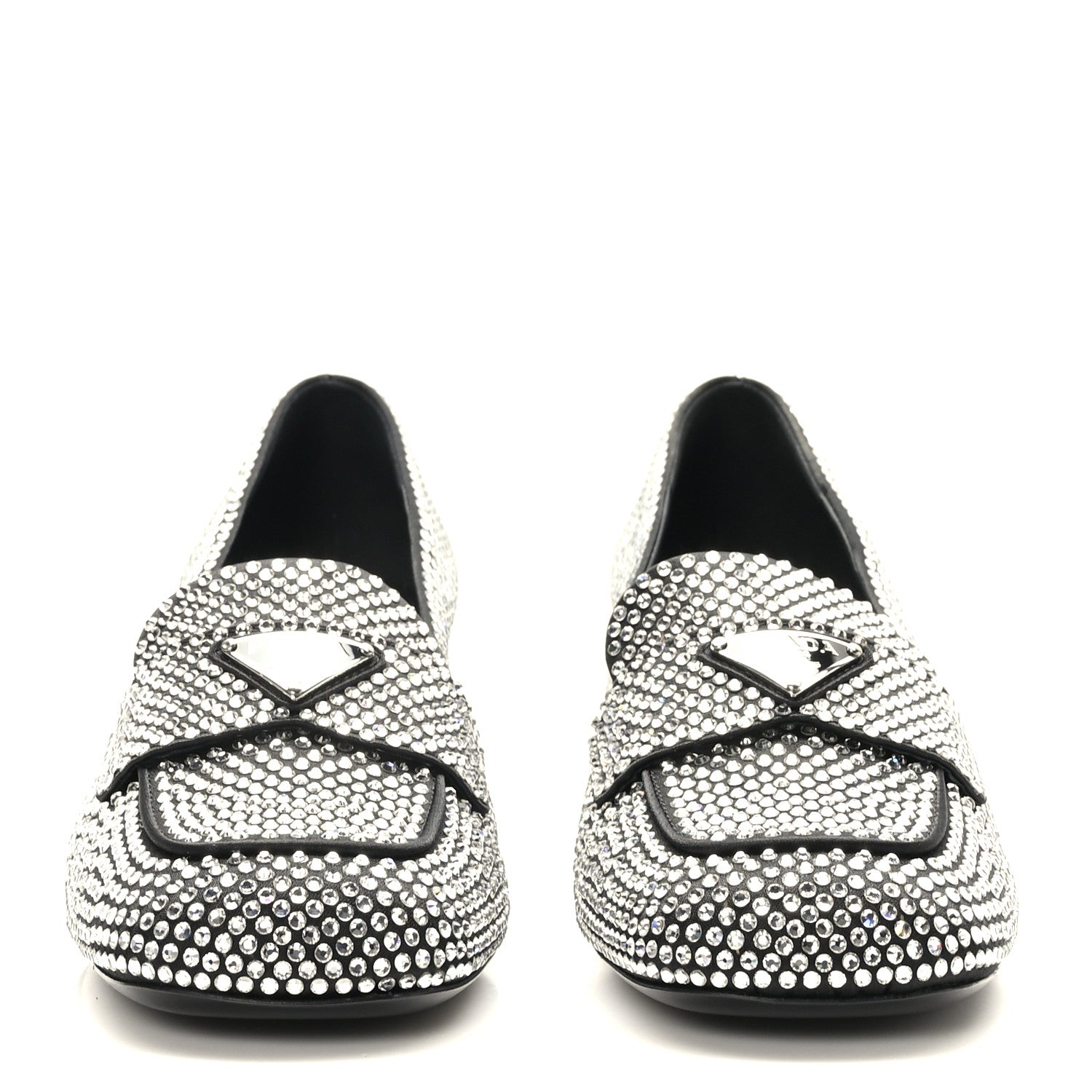 Prada Satin Crystal Embellished Womens Metal Triangle Logo 50mm Loafers 37.5 Crystal 2 of 8