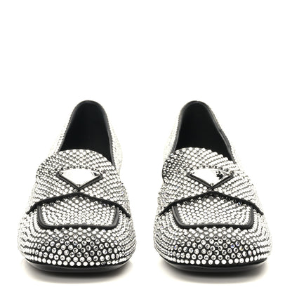 Prada Satin Crystal Embellished Womens Metal Triangle Logo 50mm Loafers 37.5 Crystal 2 of 8