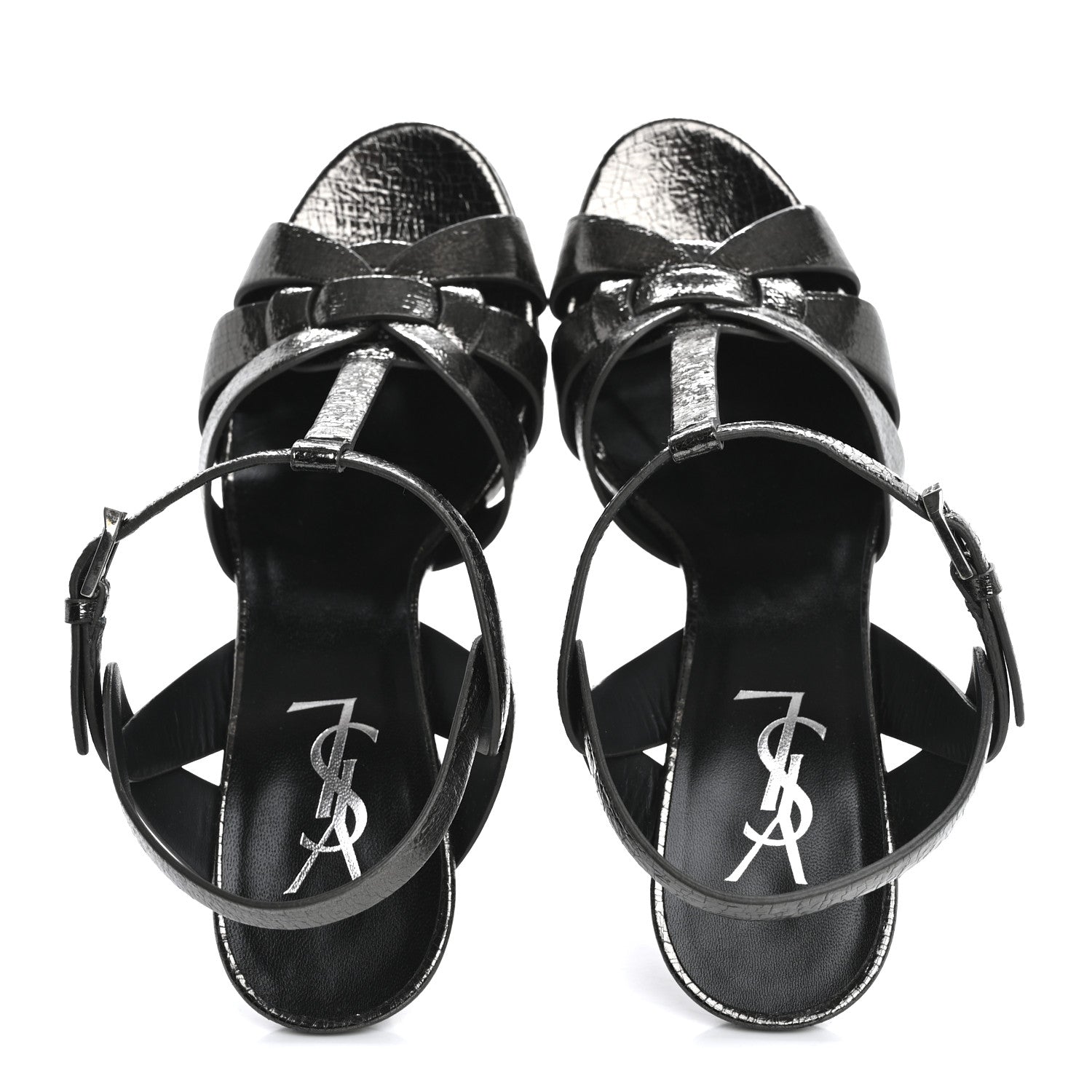Saint Laurent Metallic Crackled Calfskin Tribute 75 Platform Sandals 38 Gunmetal 2 of 10