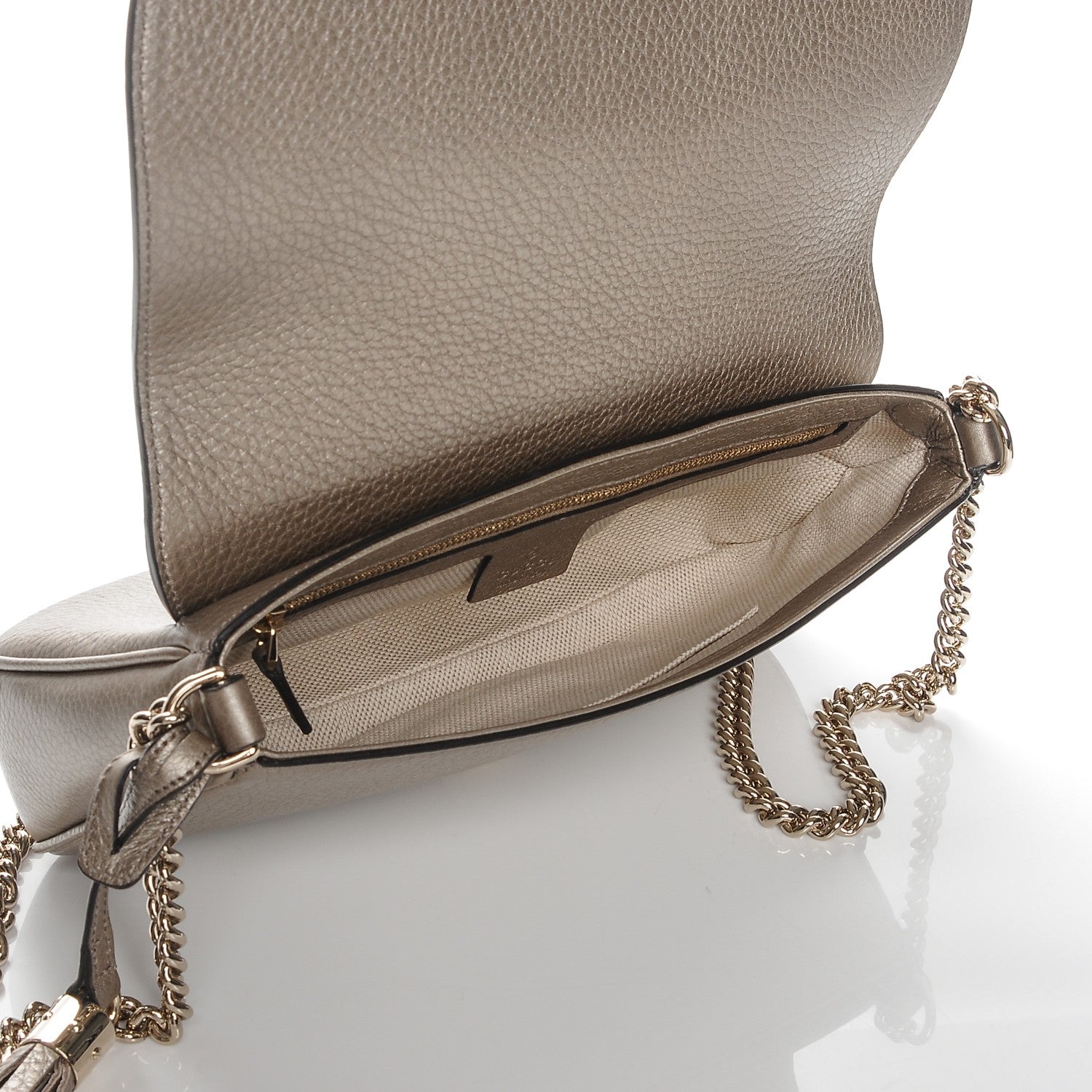 Gucci Metallic Pebbled Calfskin Medium Soho Flap Crossbody Golden Beige 5 of 7