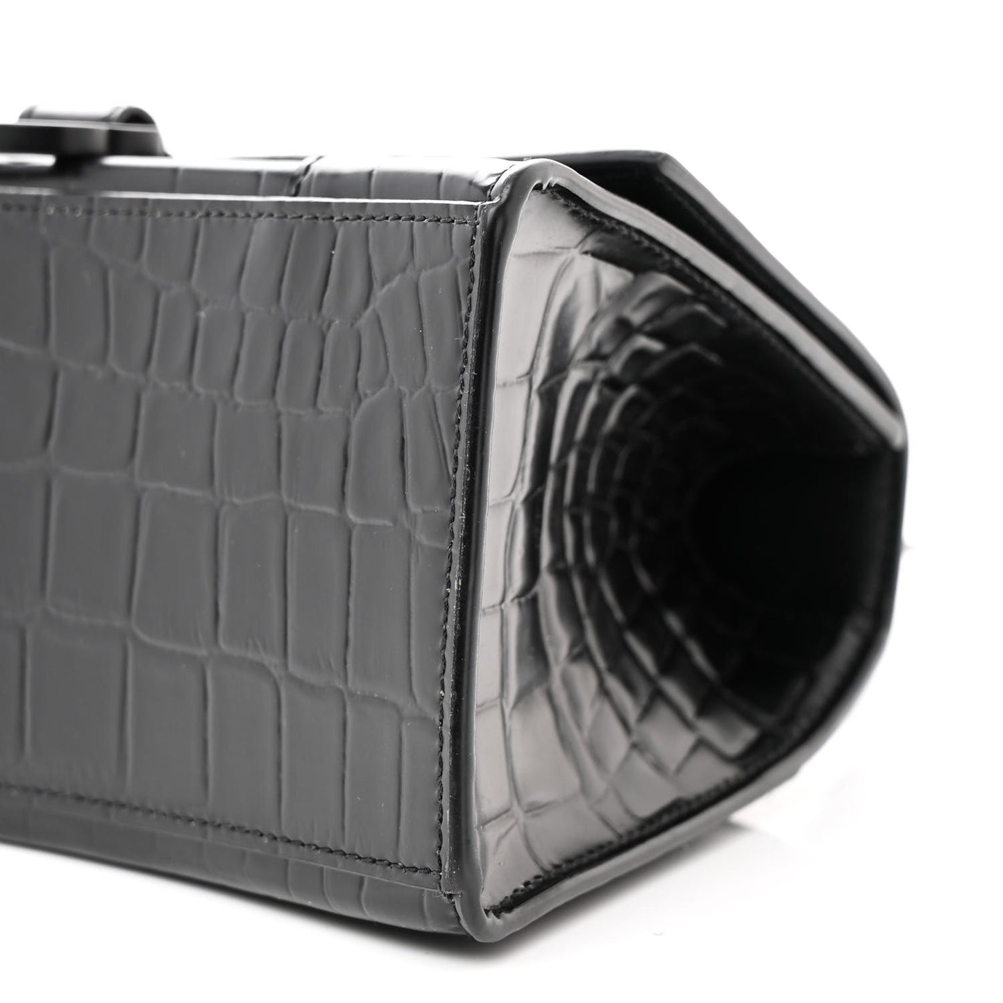 Shiny Calfskin Monochrome Crocodile Embossed Small Hourglass Top Handle Bag Black