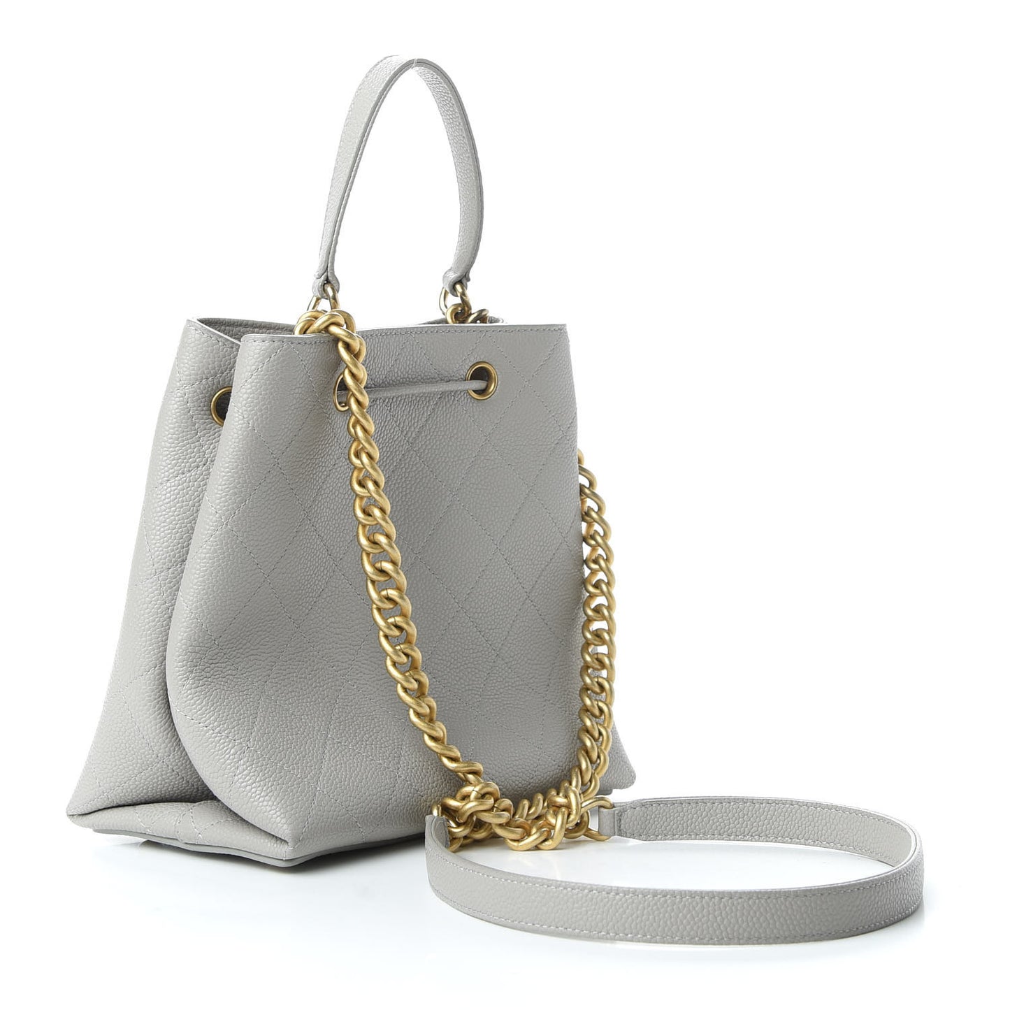 Grained Calfskin Stitched Small Drawstring Bag Grey