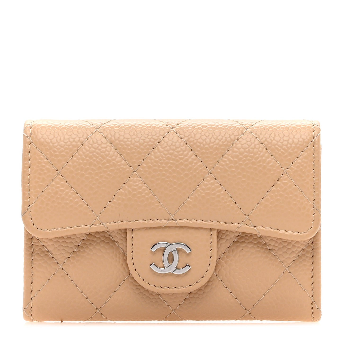 Caviar Quilted Flap Card Holder Wallet Beige
