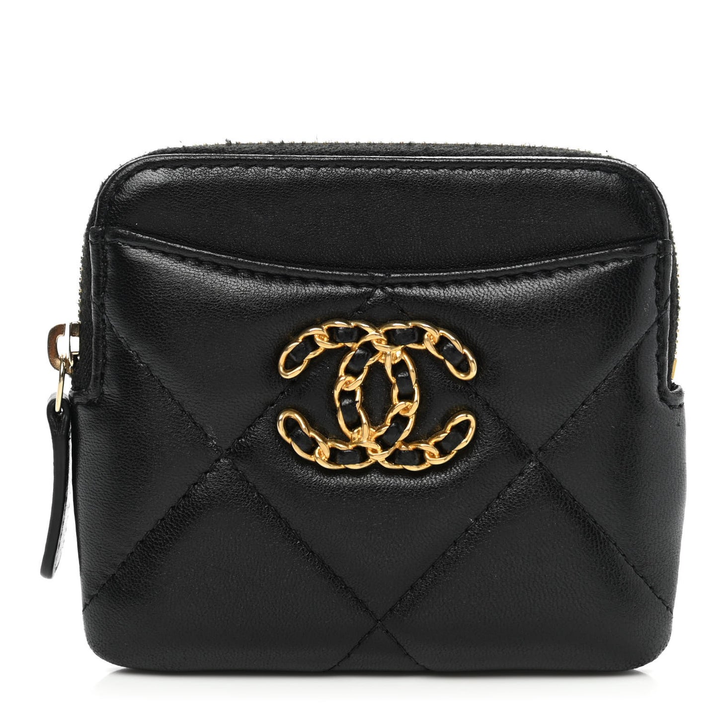 Lambskin Quilted Chanel 19 Zip Card Holder Wallet Black
