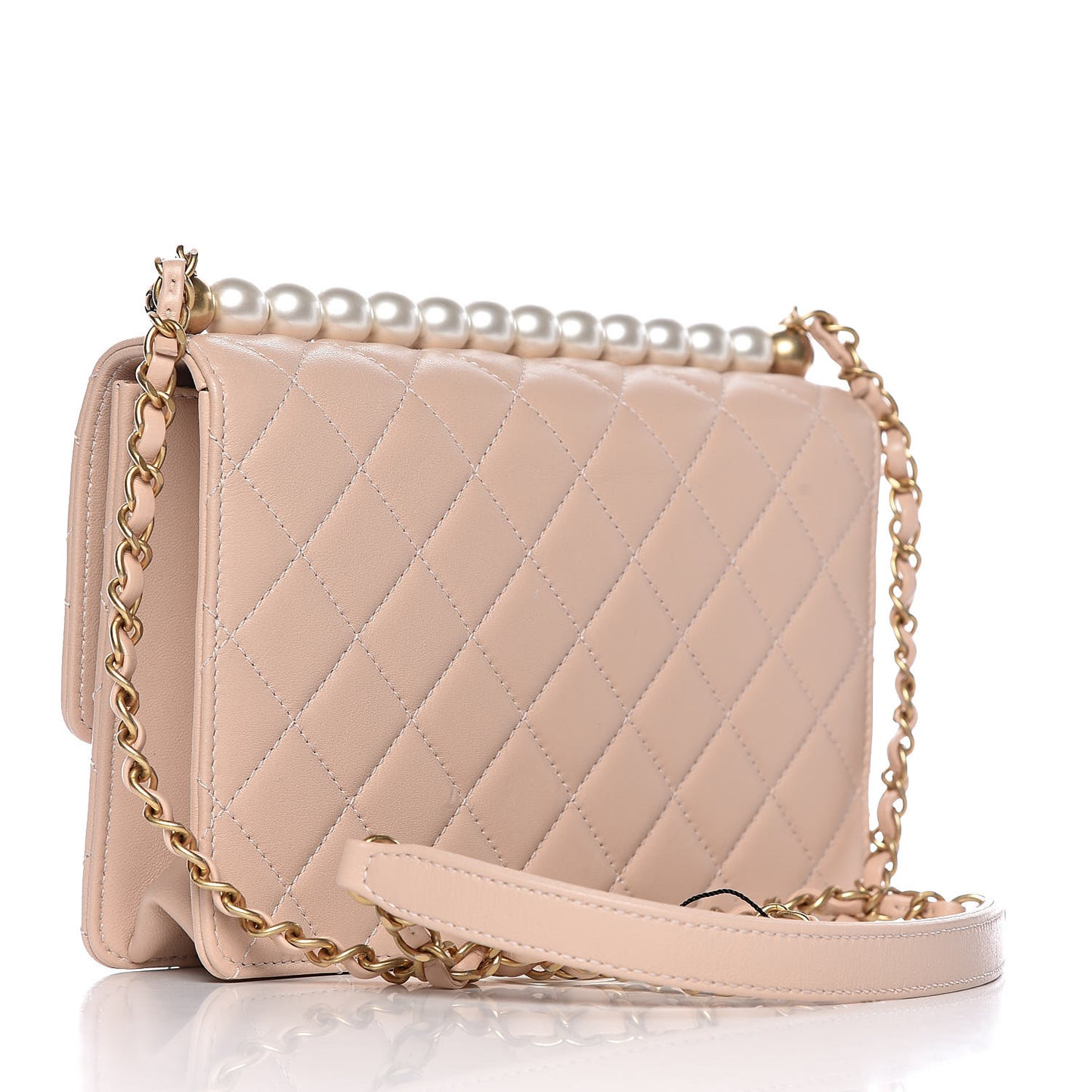 Lambskin Quilted Small Chic Pearls Flap Beige