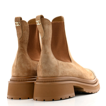 Chanel Suede Lambskin Cap Toe Ankle Boots 37.5 Light Brown 4 of 12