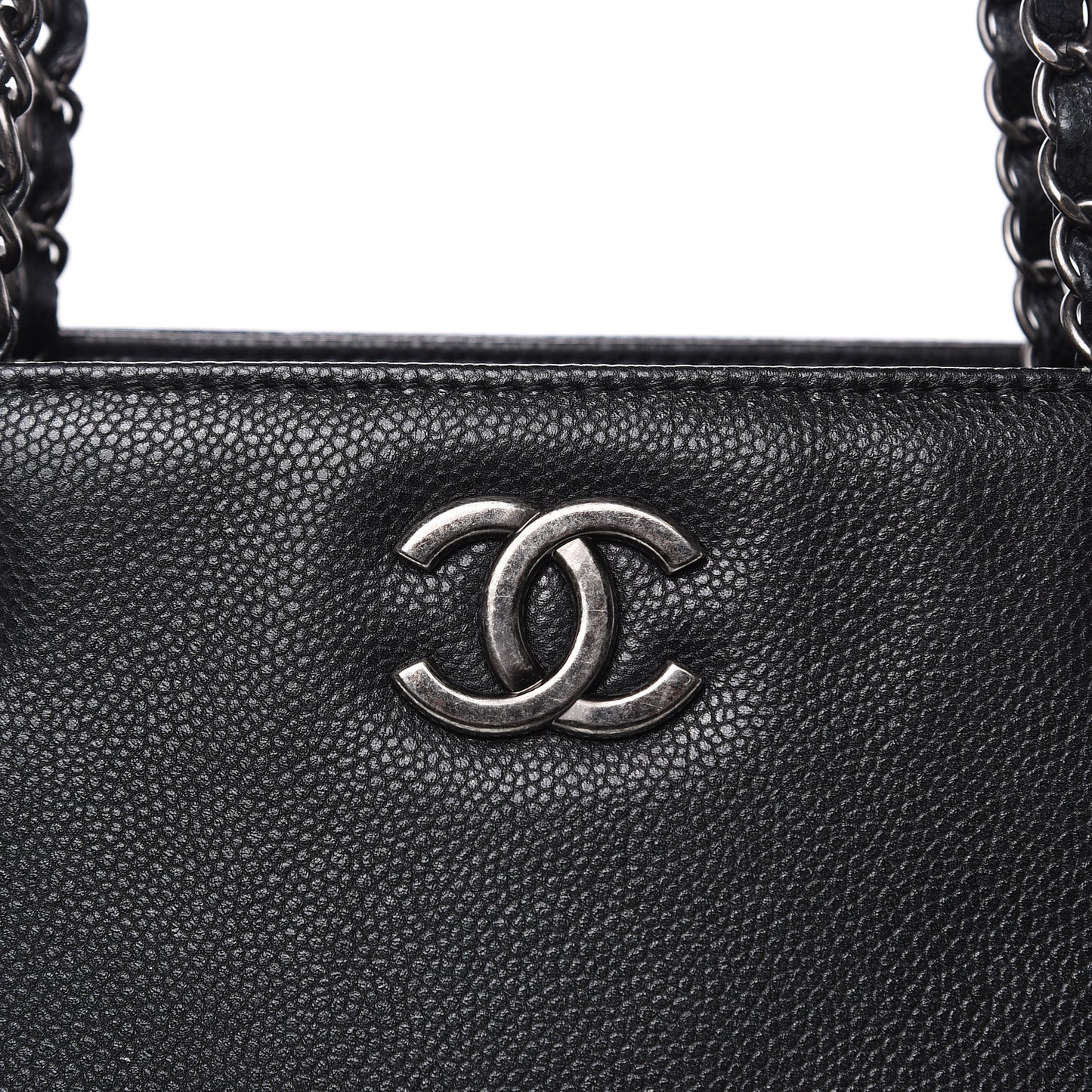 Metallic Grained Calfskin Woven Chain Large Shopping Bag Black