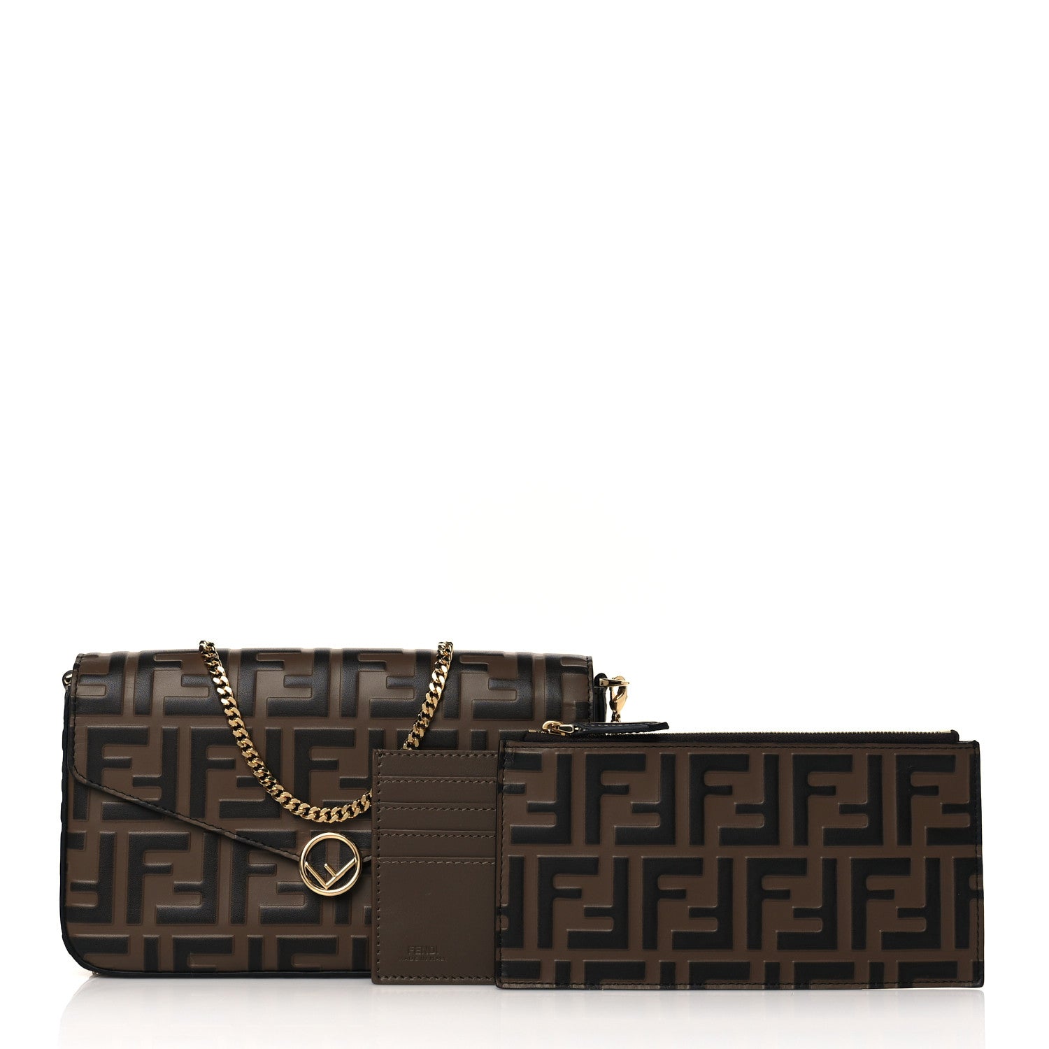 Fendi Vitello Soft F is Fendi Bi-Color FF 1974 Embossed Envelope Wallet On Chain with Pouches Maya Black 1 of 12