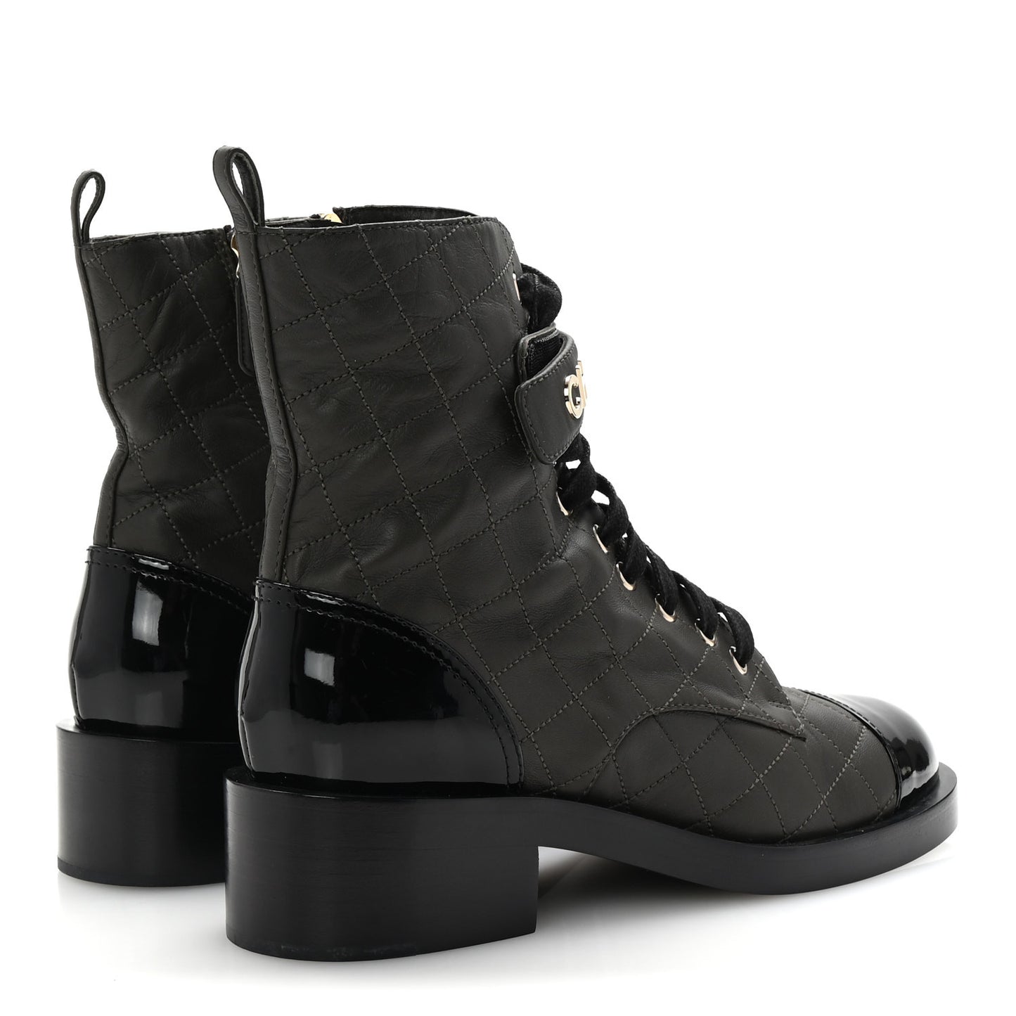 Lambskin Patent Calfskin Quilted Logo Lace Up Combat Boots 39 Dark Brown Black