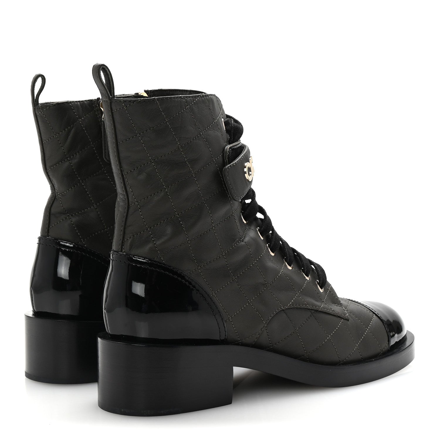 Chanel Lambskin Patent Calfskin Quilted Logo Lace Up Combat Boots 39 Dark Brown Black 5 of 10