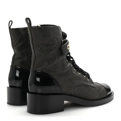 Chanel Lambskin Patent Calfskin Quilted Logo Lace Up Combat Boots 39 Dark Brown Black 5 of 10