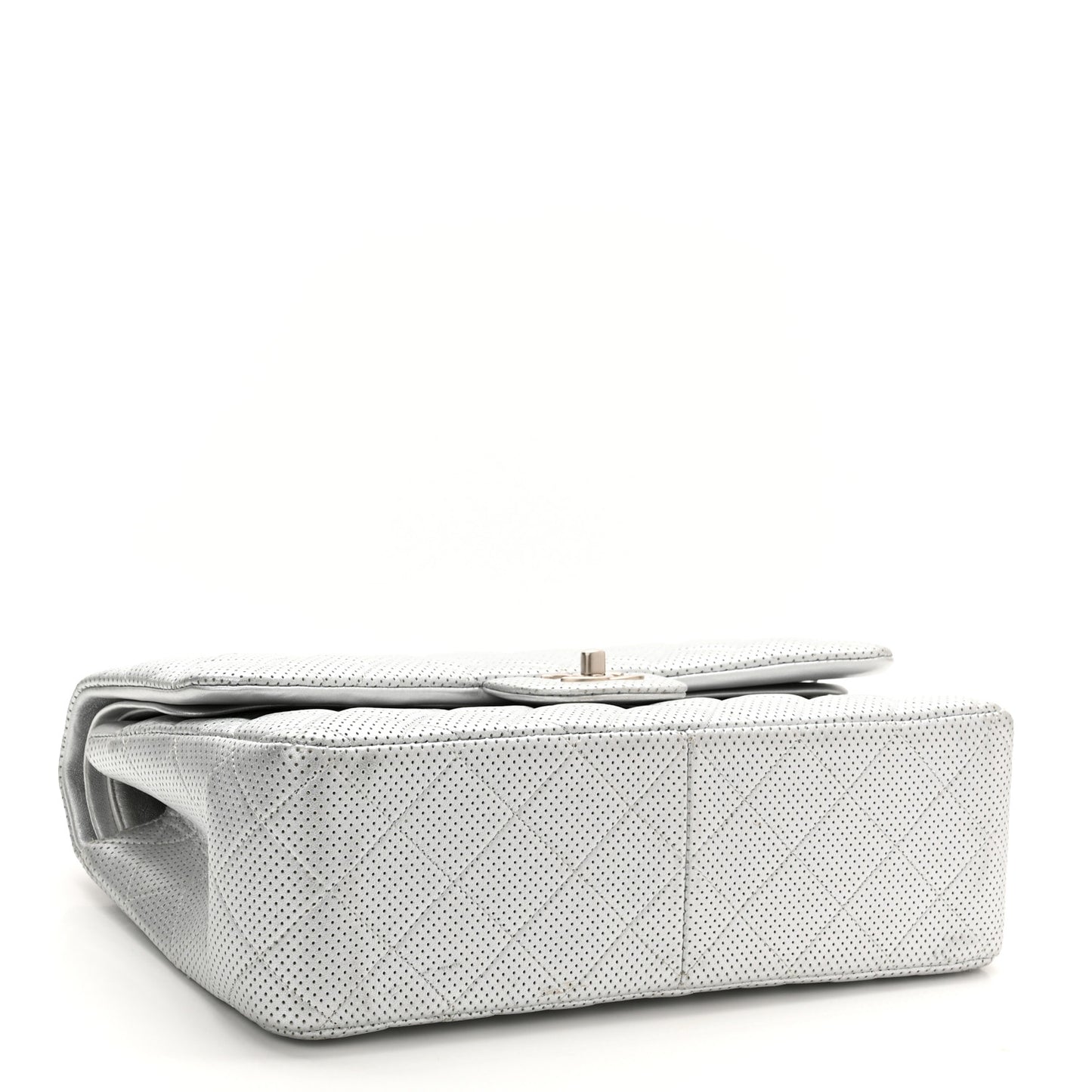 Metallic Perforated Lambskin Quilted Jumbo Double Flap Light Silver
