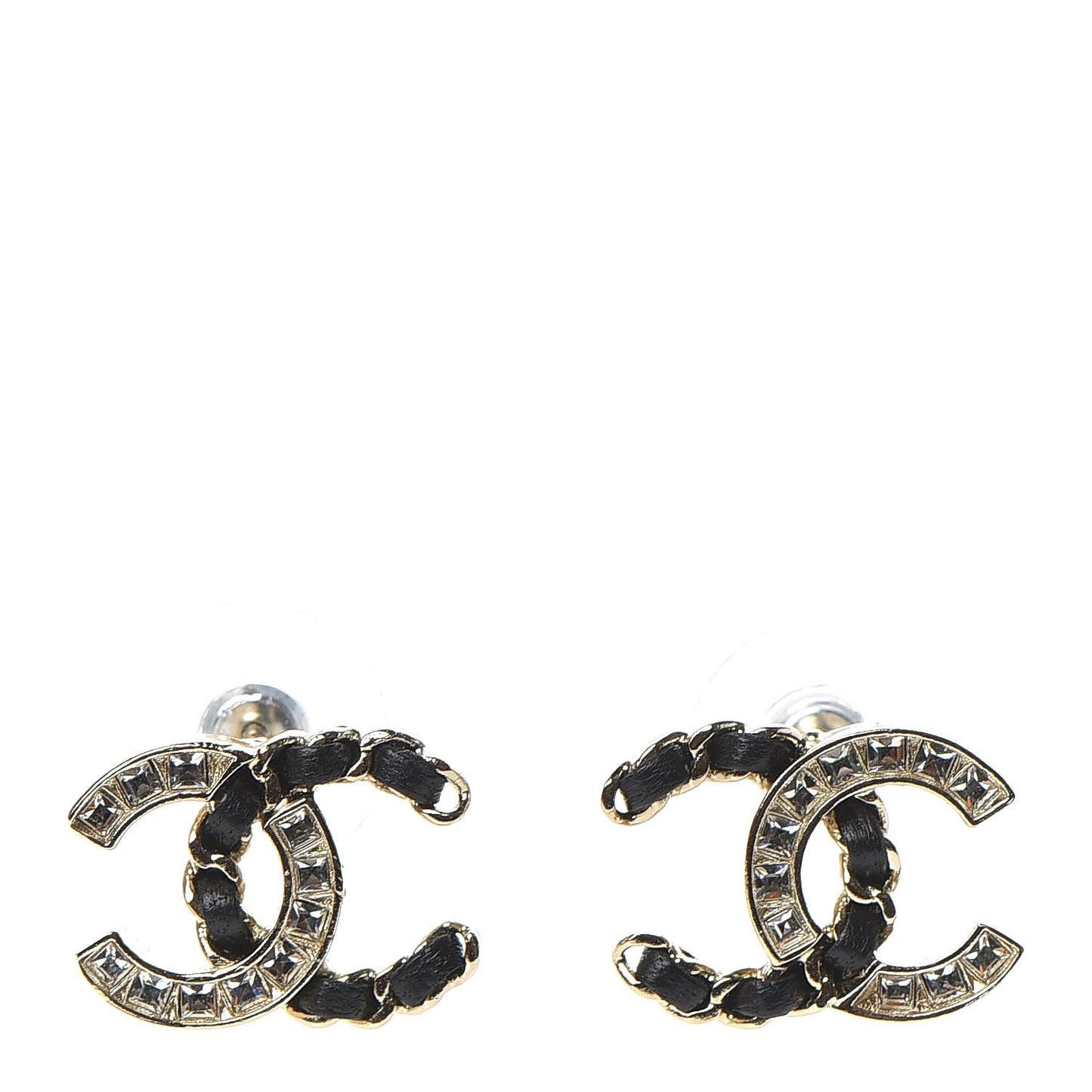 Crystal Baguette Lambskin Chain CC Vintage Allure Stud Earrings Black Gold