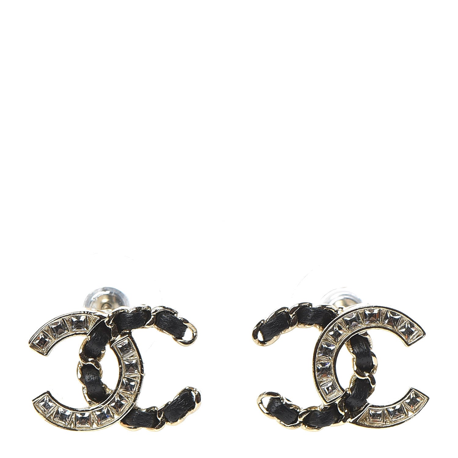 Chanel Crystal Baguette Lambskin Chain CC Vintage Allure Stud Earrings Black Gold 1 of 5