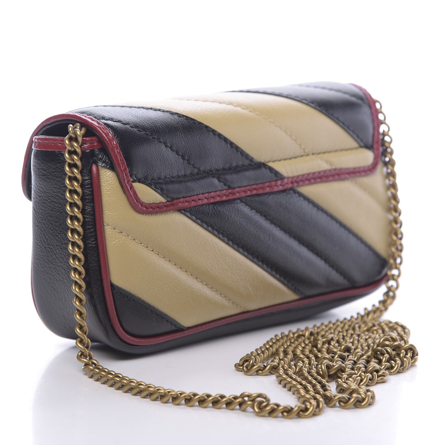 Gucci Vintage Effect Calfskin Matelasse Diagonal Striped Super Mini Torchon GG Marmont Shoulder Bag Black Beige 3 of 11