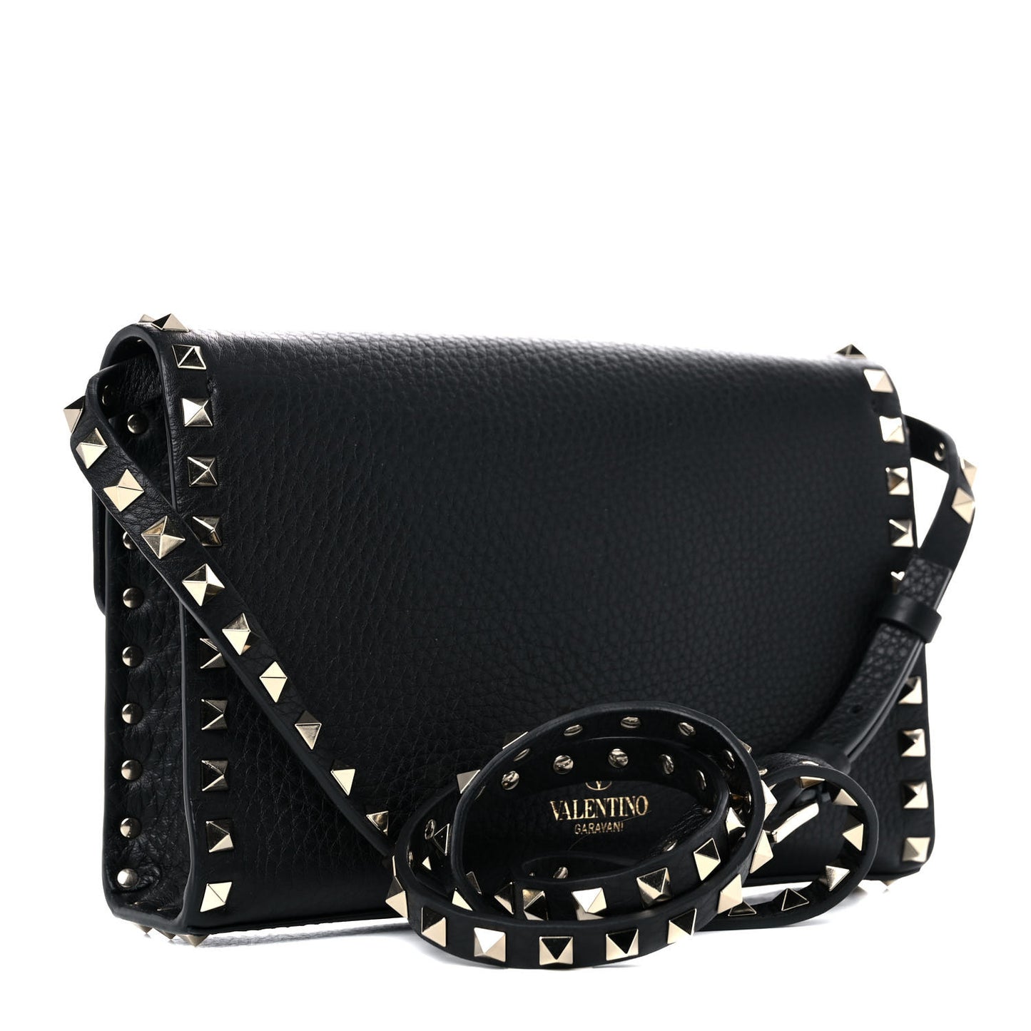 Pebbled Calfskin Medium Rockstud Flip Lock Crossbody Bag Black
