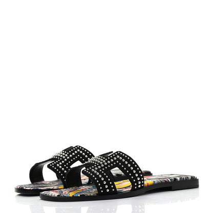 Hermes Suede Goatskin Studded Oran Sandals 38 Black 3 of 8