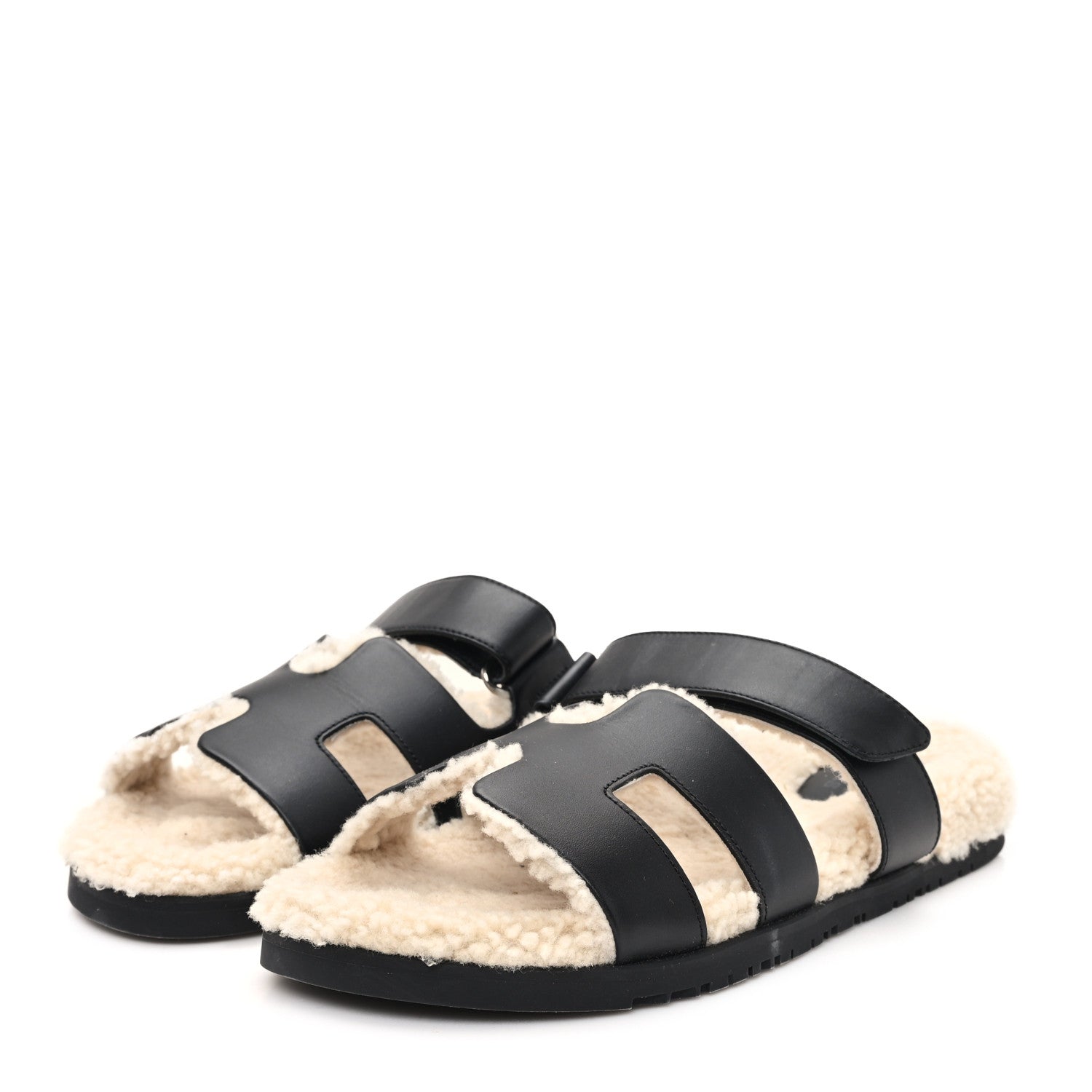 Hermes Calfskin Woolskin Chypre Sandals 40.5 Black Ecru 4 of 9