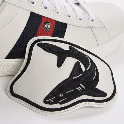 Gucci Calfskin Web Shark Embroidered Mens Ace Sneakers 8.5 White 11 of 12