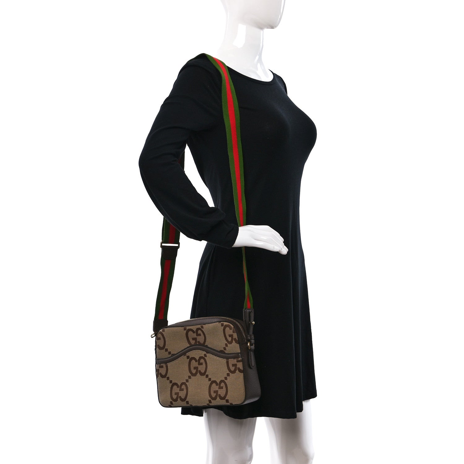 Gucci Monogram Jumbo GG Textured Dollar Calfskin Web Messenger Shoulder Bag Camel Ebony New Acero 2 of 9
