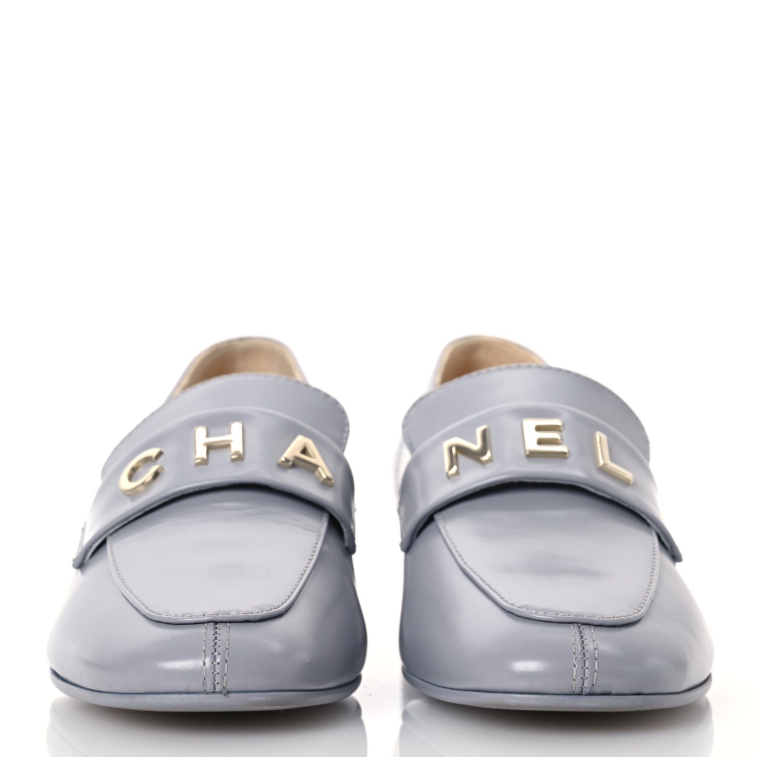 Chanel Shiny Calfskin Logo Loafers 37 Light Grey 1615529