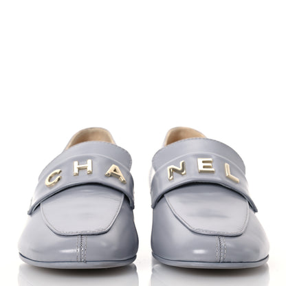 Chanel Shiny Calfskin Logo Loafers 37 Light Grey 2 of 11