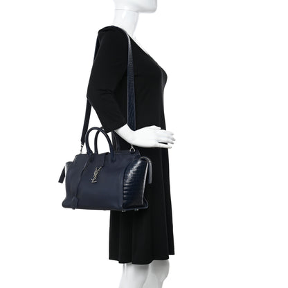 Saint Laurent Calfskin Croc Embossed Small Monogram Downtown Cabas Blue 2 of 13