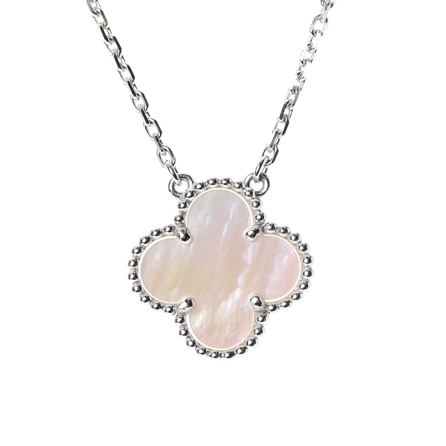 18K White Gold Mother of Pearl Vintage Alhambra Pendant Necklace