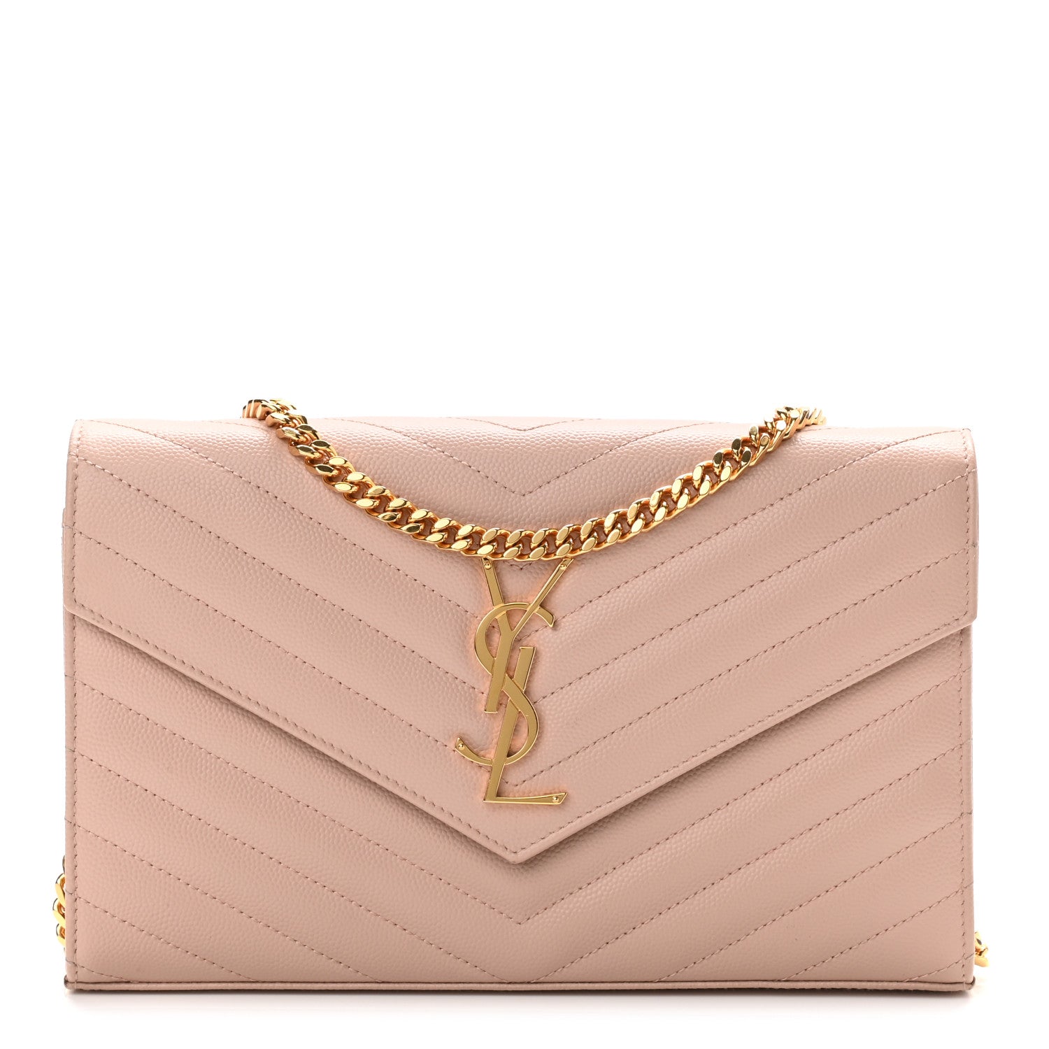 Saint Laurent Grain De Poudre Matelasse Chevron Monogram Chain Wallet Pale Pink 1 of 10