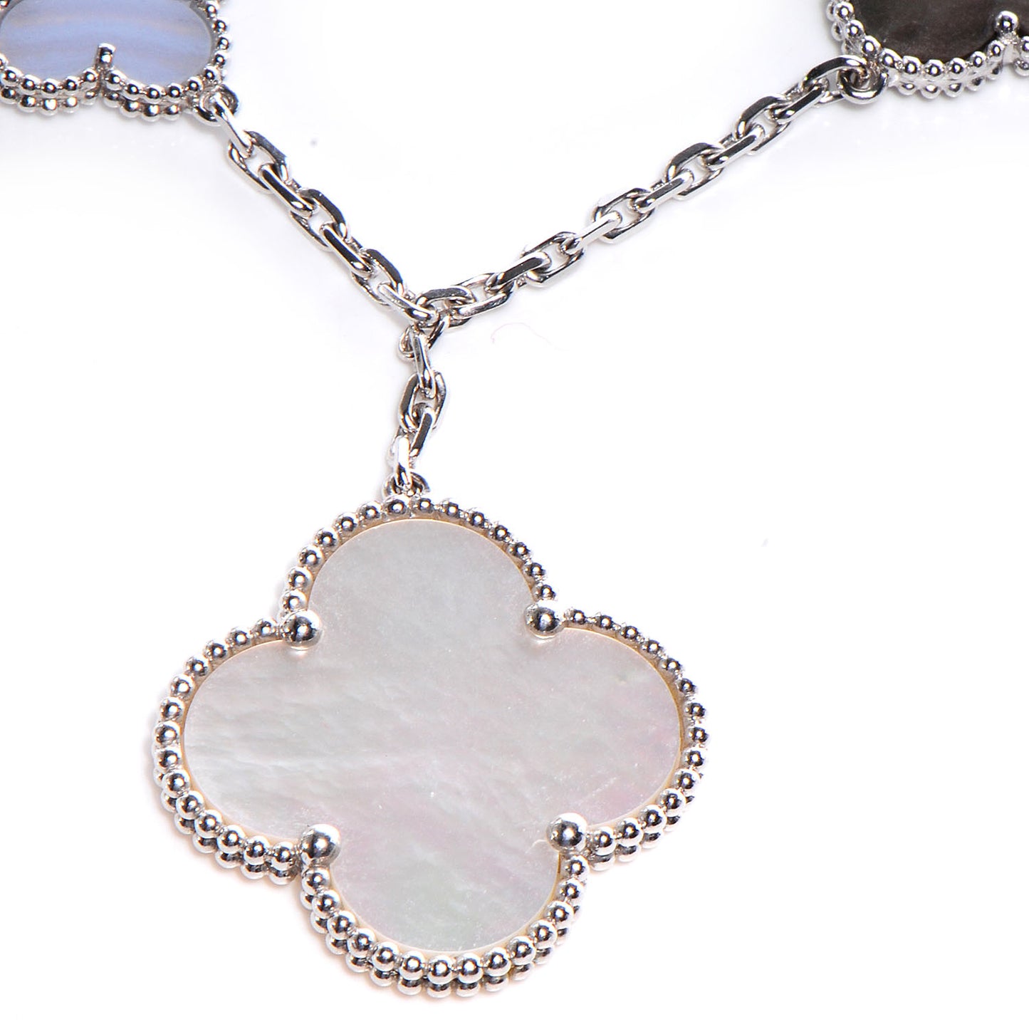 18K White Gold Chalcedony Mother of Pearl 5 Motifs Magic Alhambra Bracelet