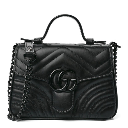 Gucci Calfskin Matelasse Monochrome Mini GG Marmont Top Handle Shoulder Bag Black 1 of 12